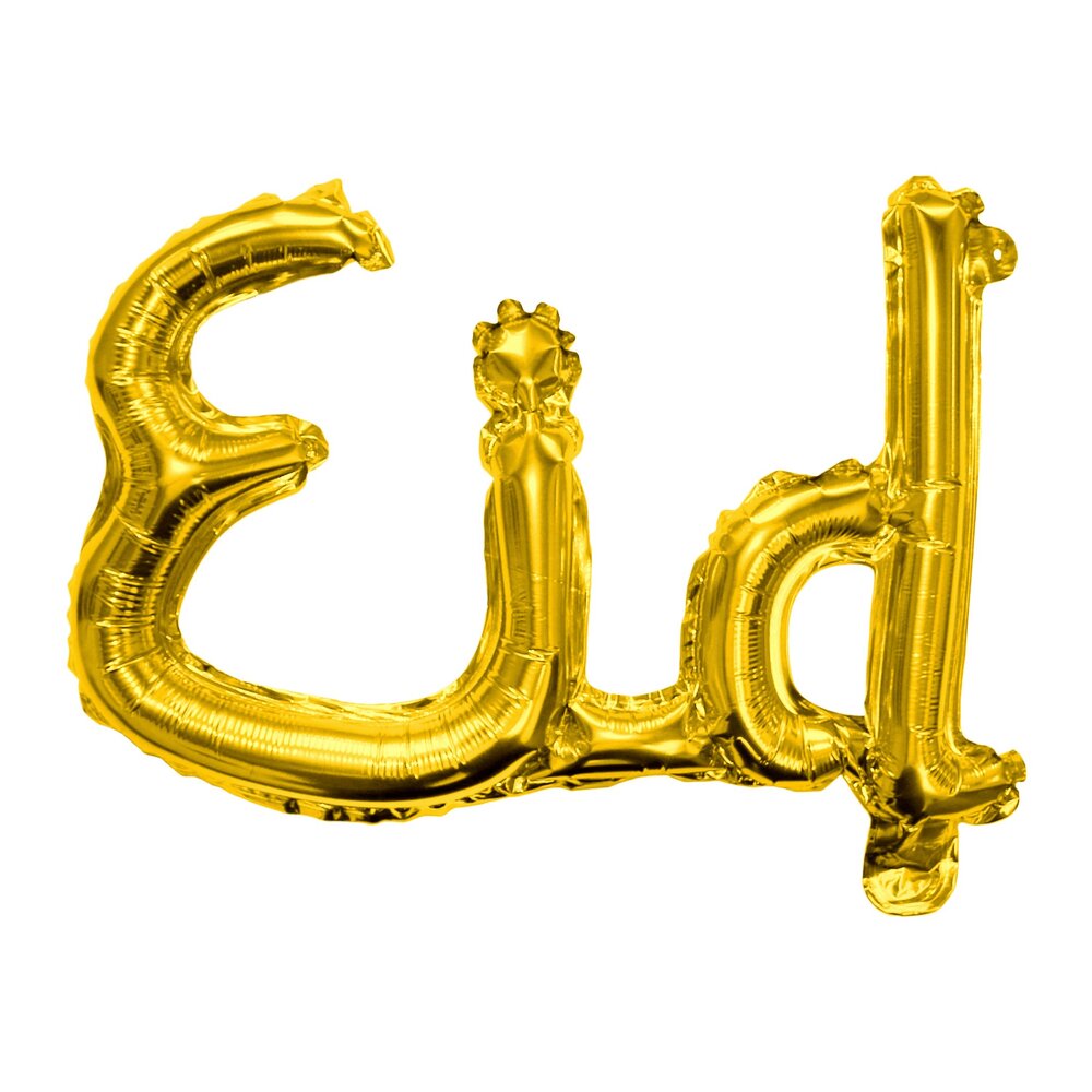 Gold 'Eid' auto-seal joined calligraphy foil balloon  Air inflate with inclosed straw - no need for helium  Comes with a hanging string that threads through the top of the balloon  Approx width: 55cm. Approx height: 32cm