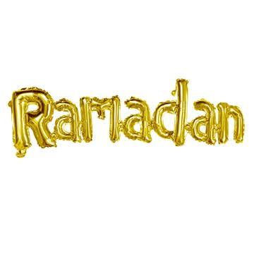 Gold 'RAMADAN' auto-seal joined calligraphy foil balloon  Air inflate with inclosed straw - All balloons come flat packed & deflated and need to be self inflated. We do not and cannot ship inflated balloons.  Comes with a hanging string that threads through the top of the balloon  Approx width 132cm. Approx height 32cm