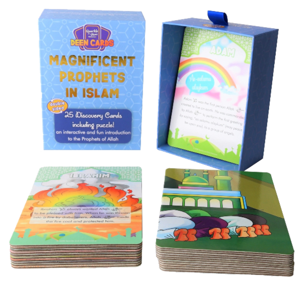 Discover the truly amazing miracles Allah blessed Muhammad, Ibrahim, Isa and more magnificent Prophets in Islam (may peace be upon them) with and explore their unique characteristics.  Introduce the blessed Prophets in Islam to your child through these Deen Cards – Discovery Cards designed to make Islamic learning interactive and fun!  The 25 cards share amazing facts about the best role models to have walked the Earth and come housed in a beautiful and sturdy box, ideal for securely storing away.  The colo